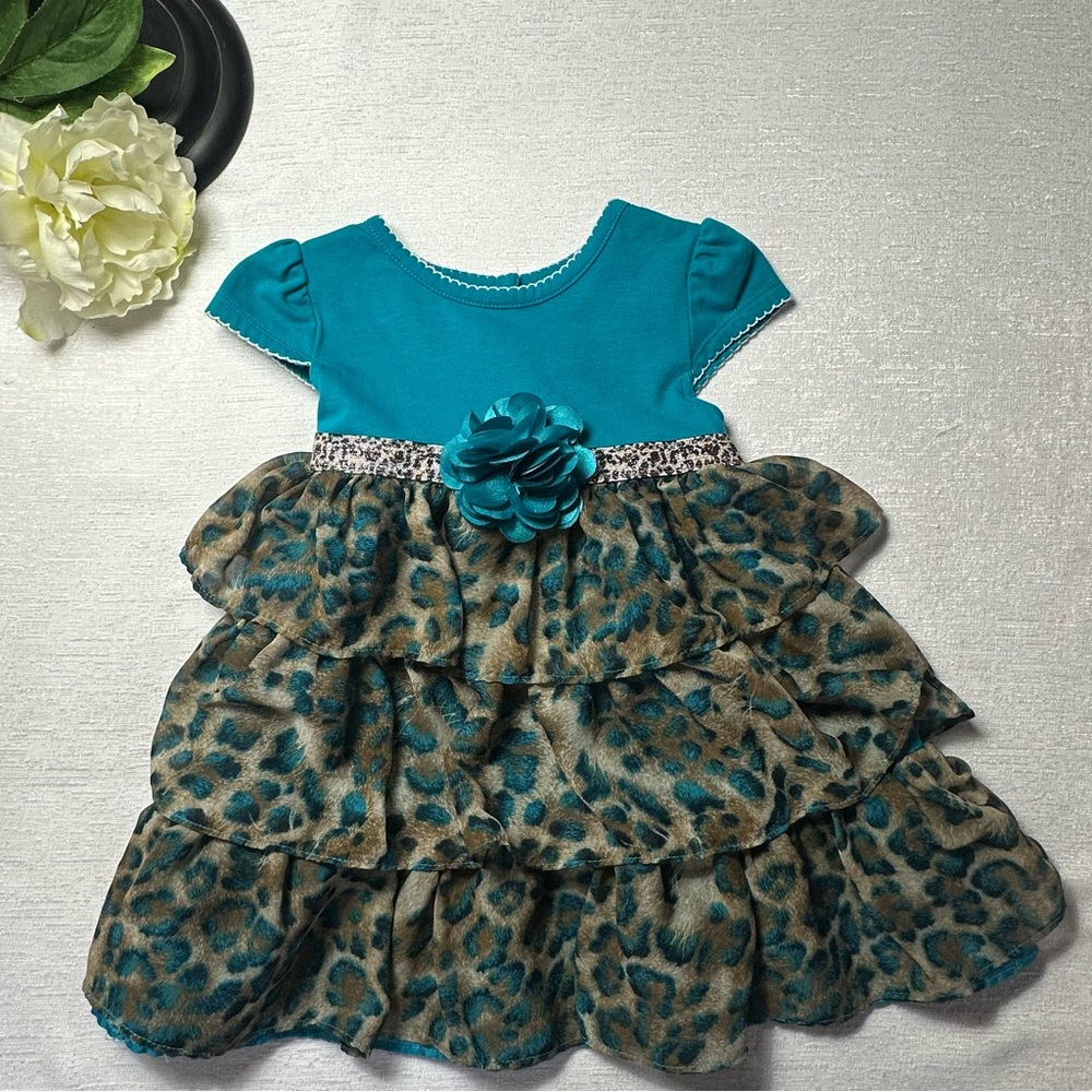 Youngland Toddler Size 3 Teal and Leopard Print Tiered Ruffle Dress